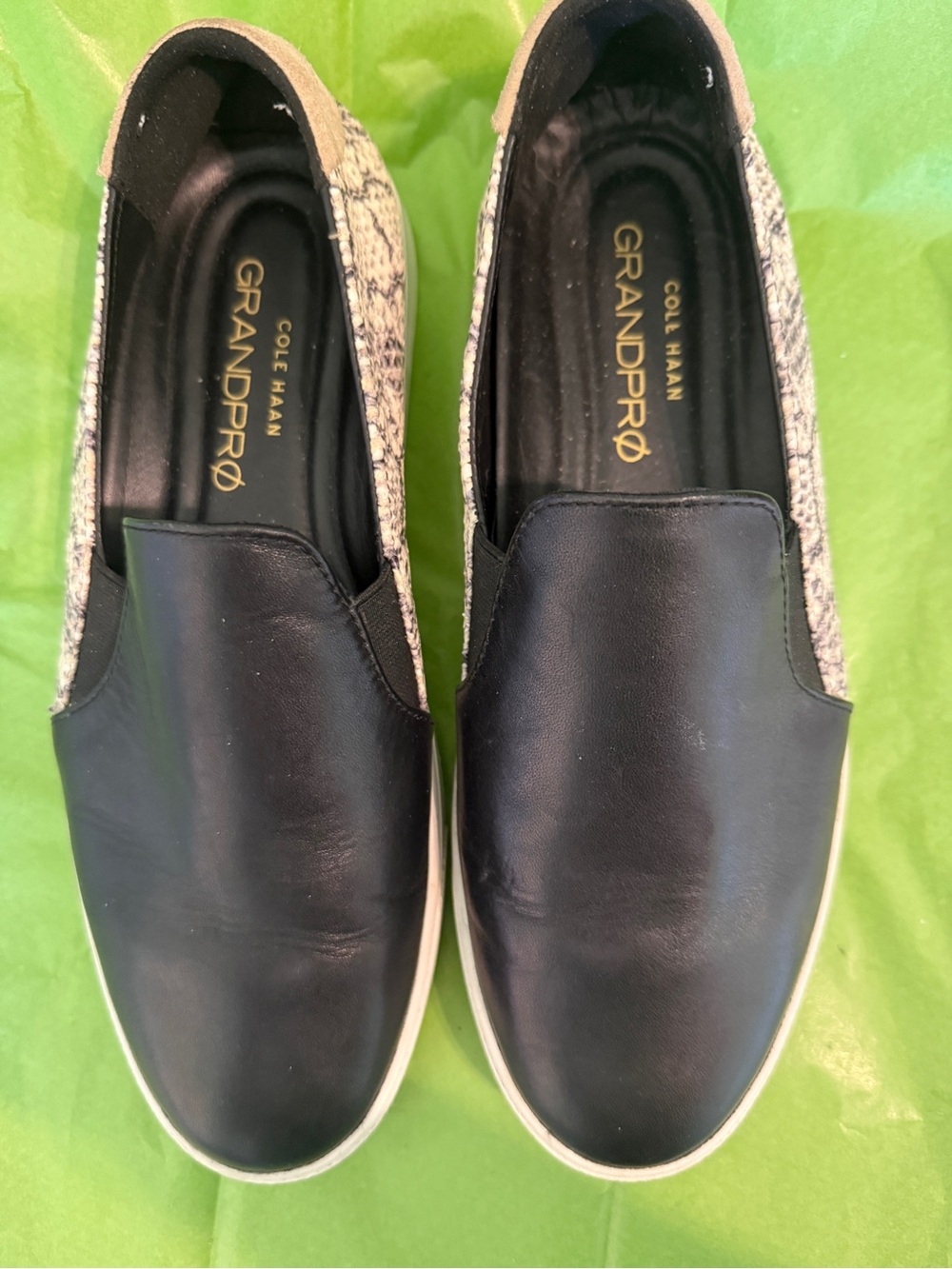 Cole Haan Black Leather Slip-On Loafers with Snake-Print Panels